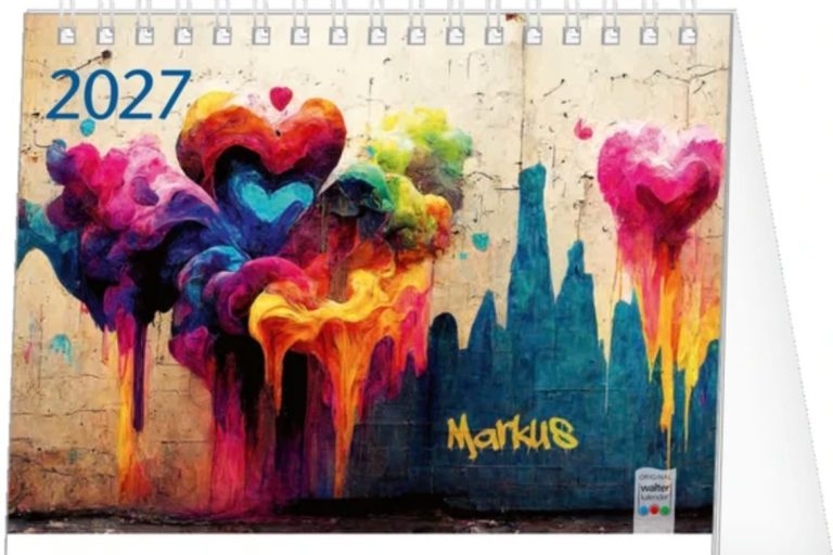 Tischkalender 2027 mit Bunten Herz-Luftballons die über einer urbanen Landschaft schweben.