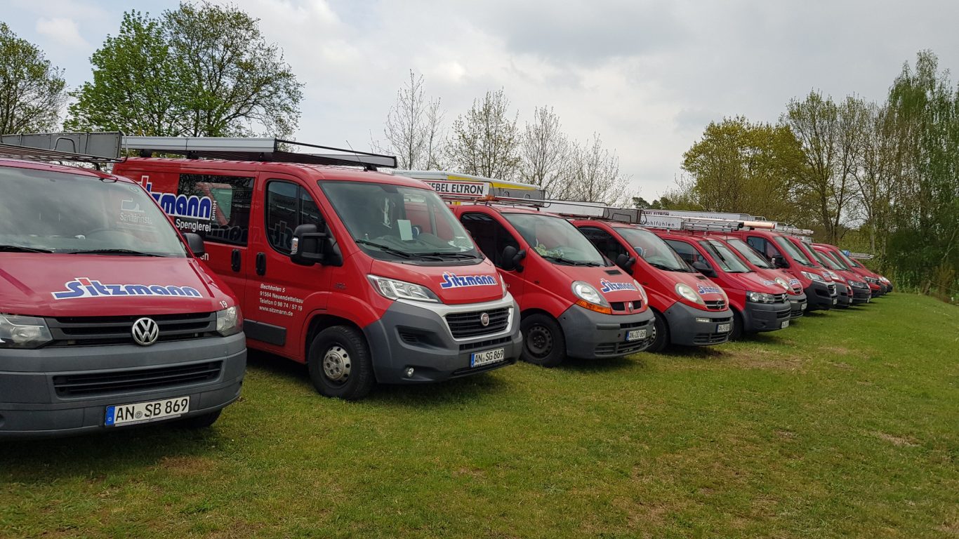 Eine Reihe roter Lieferwagen stehen auf einer Wiese, umgeben von Bäumen.