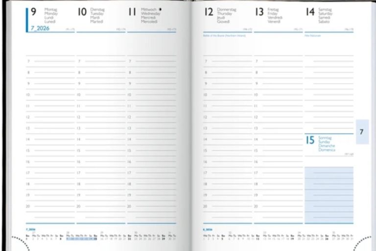 Offene Seiten eines Terminbuchs mit linierten und leeren Feldern zum Eintragen von Notizen.