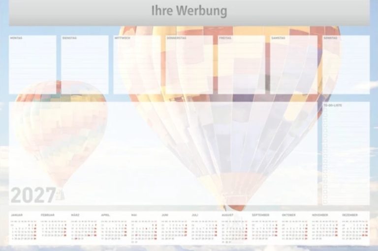 Bunte Heißluftballons über einem blauen Himmel mit einem Kalender als Hintergrund.