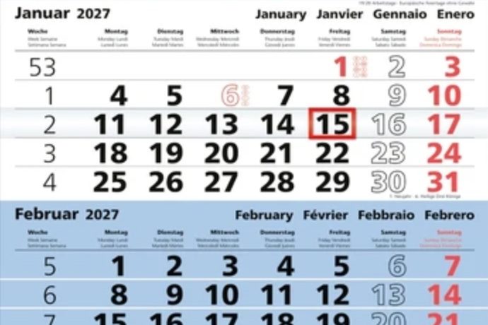 Kalenderblatt mit Januar und Februar 2027, hervorgehobenes Datum 15. Januar.