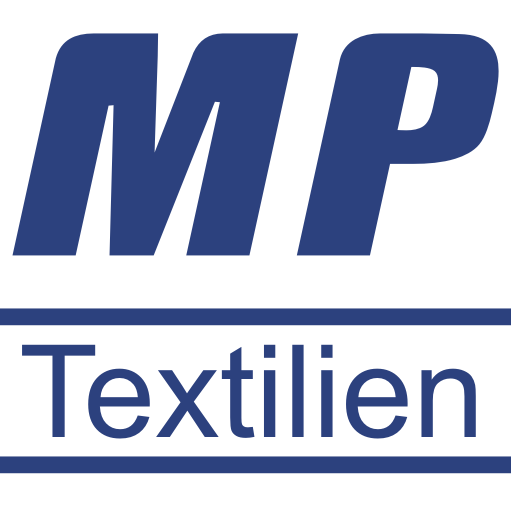 Logo von MP Textilien in blauer Schrift auf weißem Hintergrund.