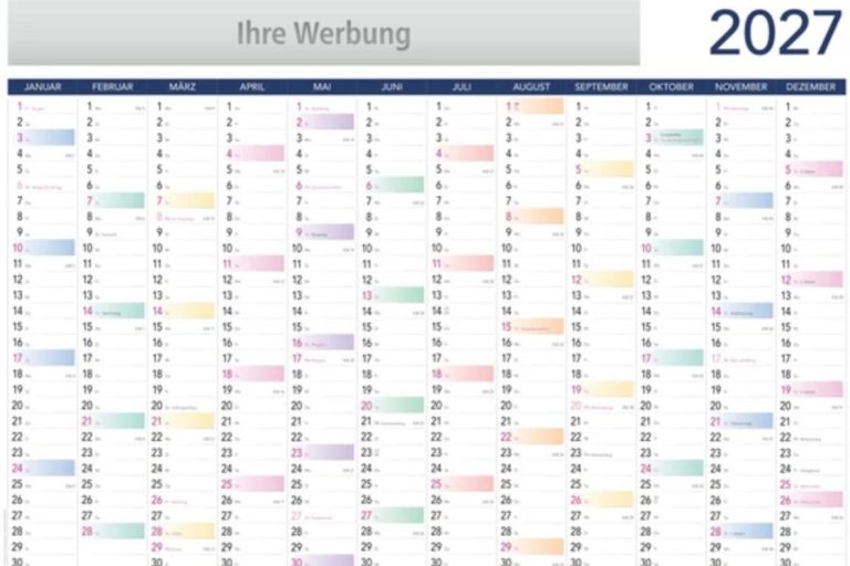 Kalender für 2027 mit farbigen Markierungen für verschiedene Monate und Tage.